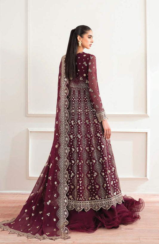 Farasha Luxury Essence Formals Embroidered Chiffon Unstitched 3 Piece Suit - Maroon Empress - FSH25EF - Maroon - Festive Collection