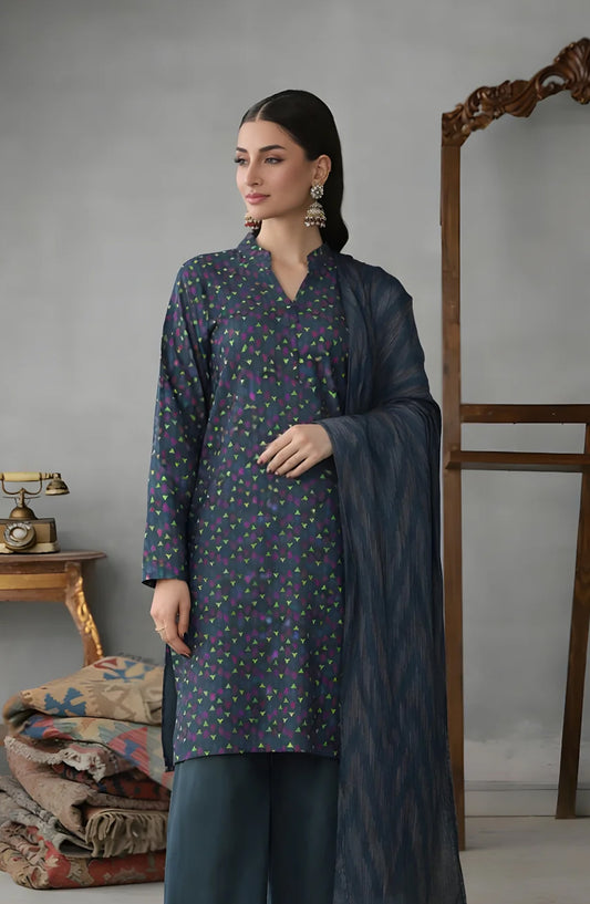 Ayla Printed Lawn Jacquard Stitched 3 Piece Suit - Neel Kamal - AY26ED - Teal - Eid Collection