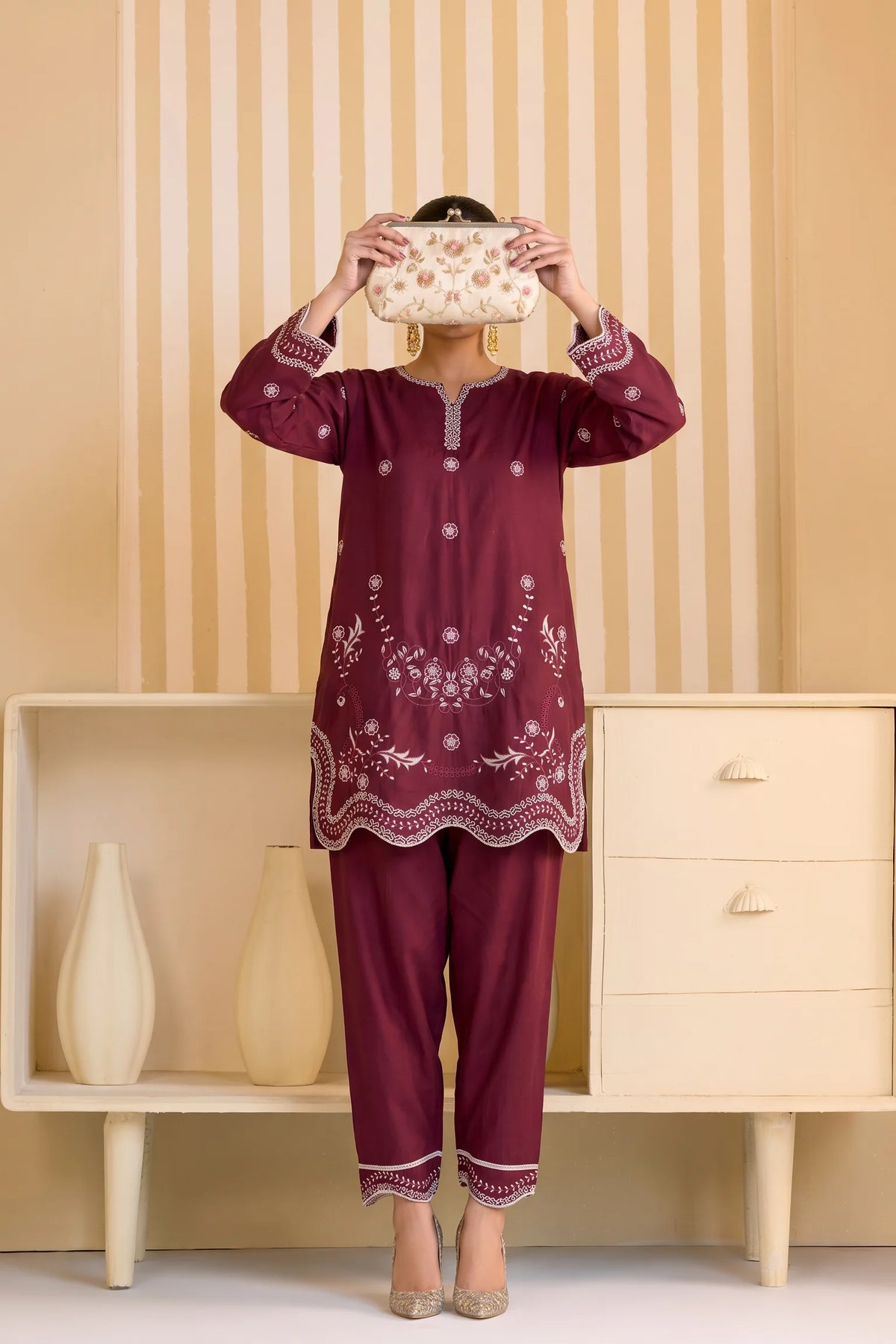 Mulaqaat By Amna Khadija Embroidered Cotton Stitched 2 Piece Co-Ord Set - AKMEC-15 - AM26MULQD3 - Red - Summer Collection