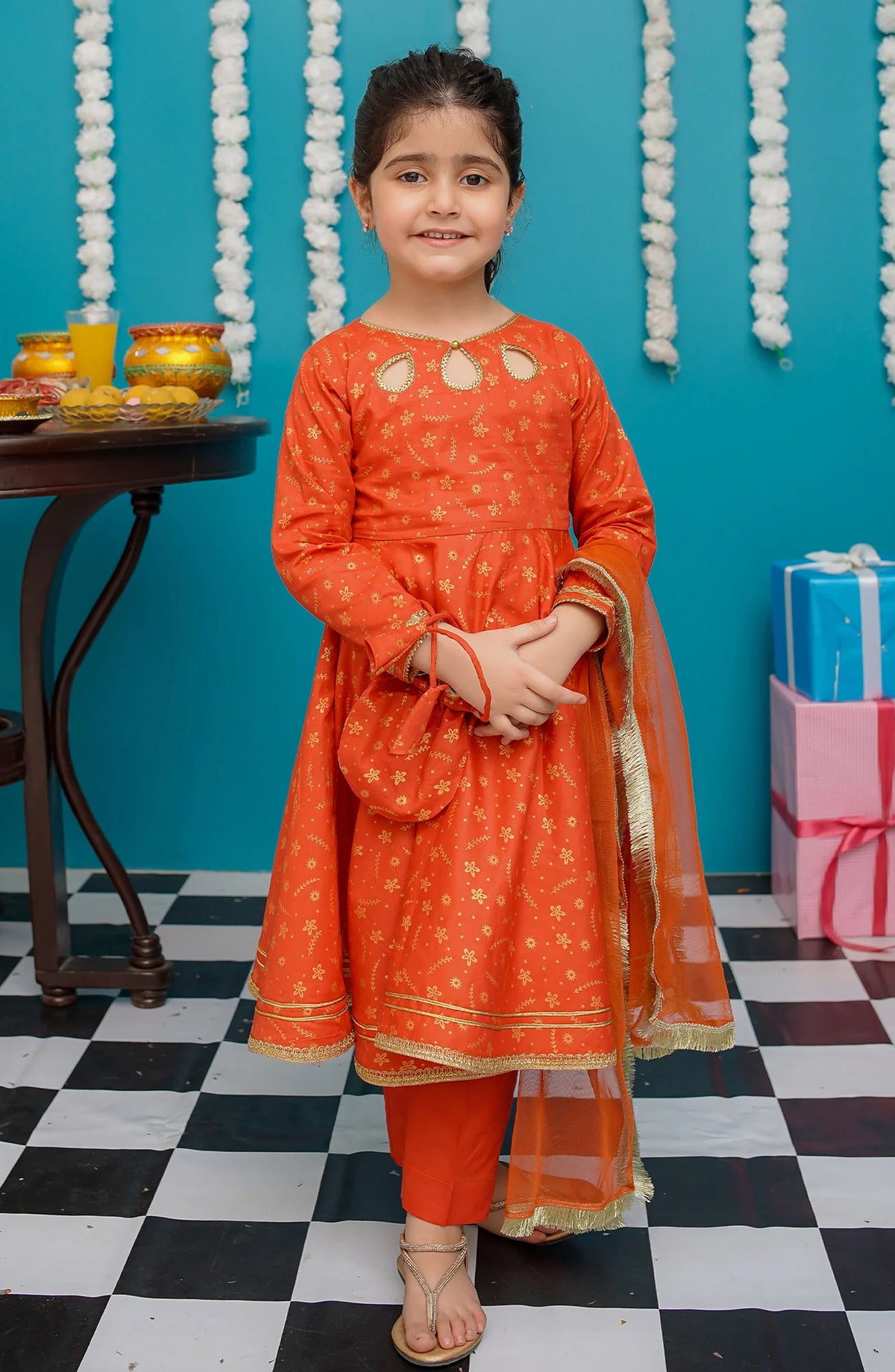 Modest Cotton 3 Piece Frock - 9220 - MOD25EKK - Orange - Festive Collection