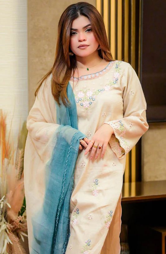 TNG Embroidered Chikankari Stitched 3 Piece Suit - AR-001803 Muskaan - TNG25EC - Beige - Festive Collection