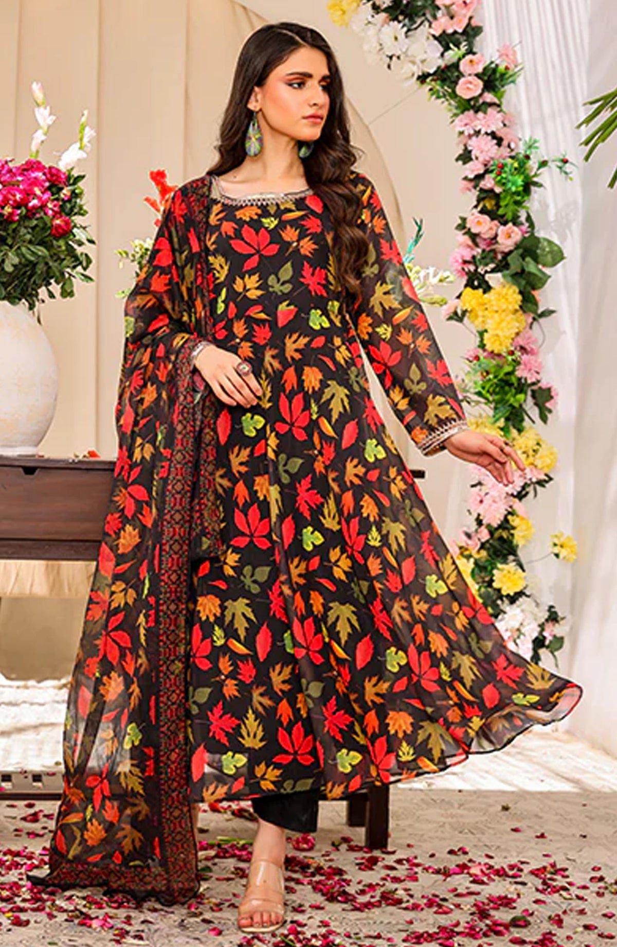 Nazmina Casual Chiffon Stitched 3 Piece Suit - Feuille dAutomne FRT-102 - NAZ25REB - Black - Festive Collection