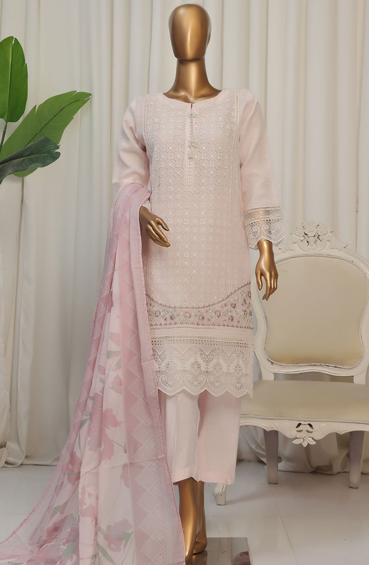 Falsafaa by HZ Textile Embroidered Organza Stitched 3 Piece Suit - HZK-179 Powder Pink - HZ25FHZKV6 - Pink - Festive Collection