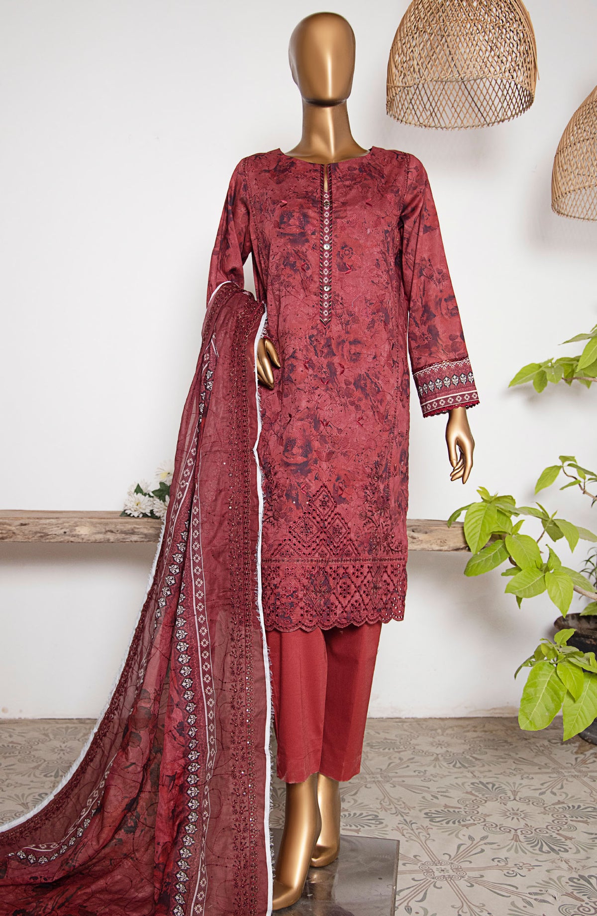 HZ Textile Embroidered Lawn Unstitched 3 Piece Suit - PCE-509B - HZ25PECL - Red - Summer Collection