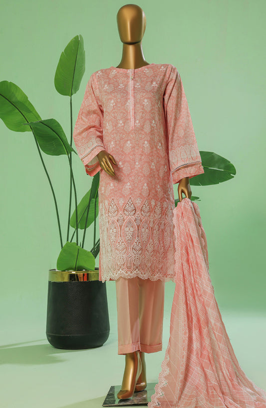 HZ Textile Chikankari Lawn Stitched 3 Piece Suit - PEC-3P-057 Pastel Pink - HZ25PTKV3 - Pink - Eid Collection