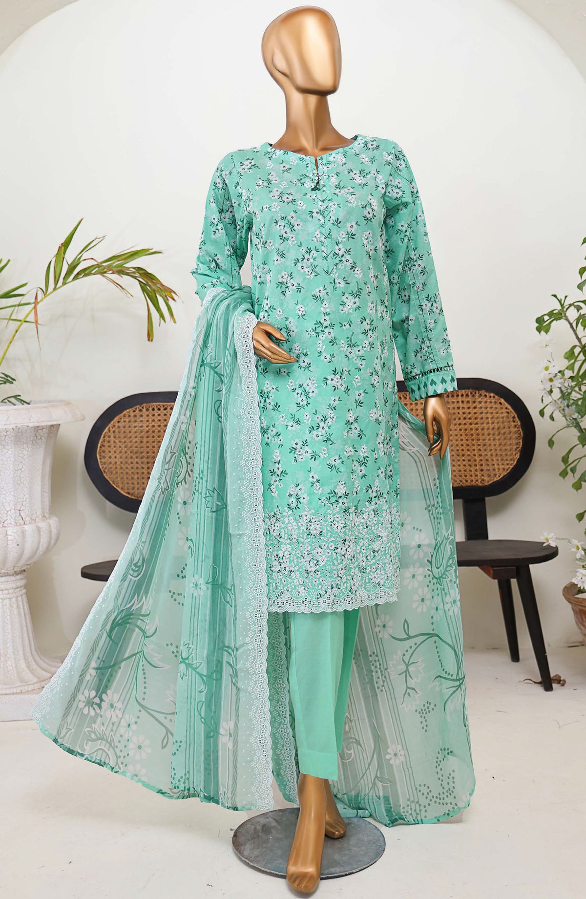 HZ Textile Chikankari Lawn Unstitched 3 Piece Suit - PEC-972 - HZ25PEC - Sea Green - Summer Collection