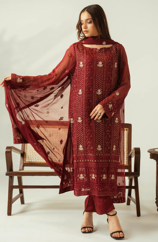 Diva by Zouj Embroidered Chiffon Unstitched 3 Piece Suit - Ruby Bliss - ZJ25DFL - Red - Festive Collection