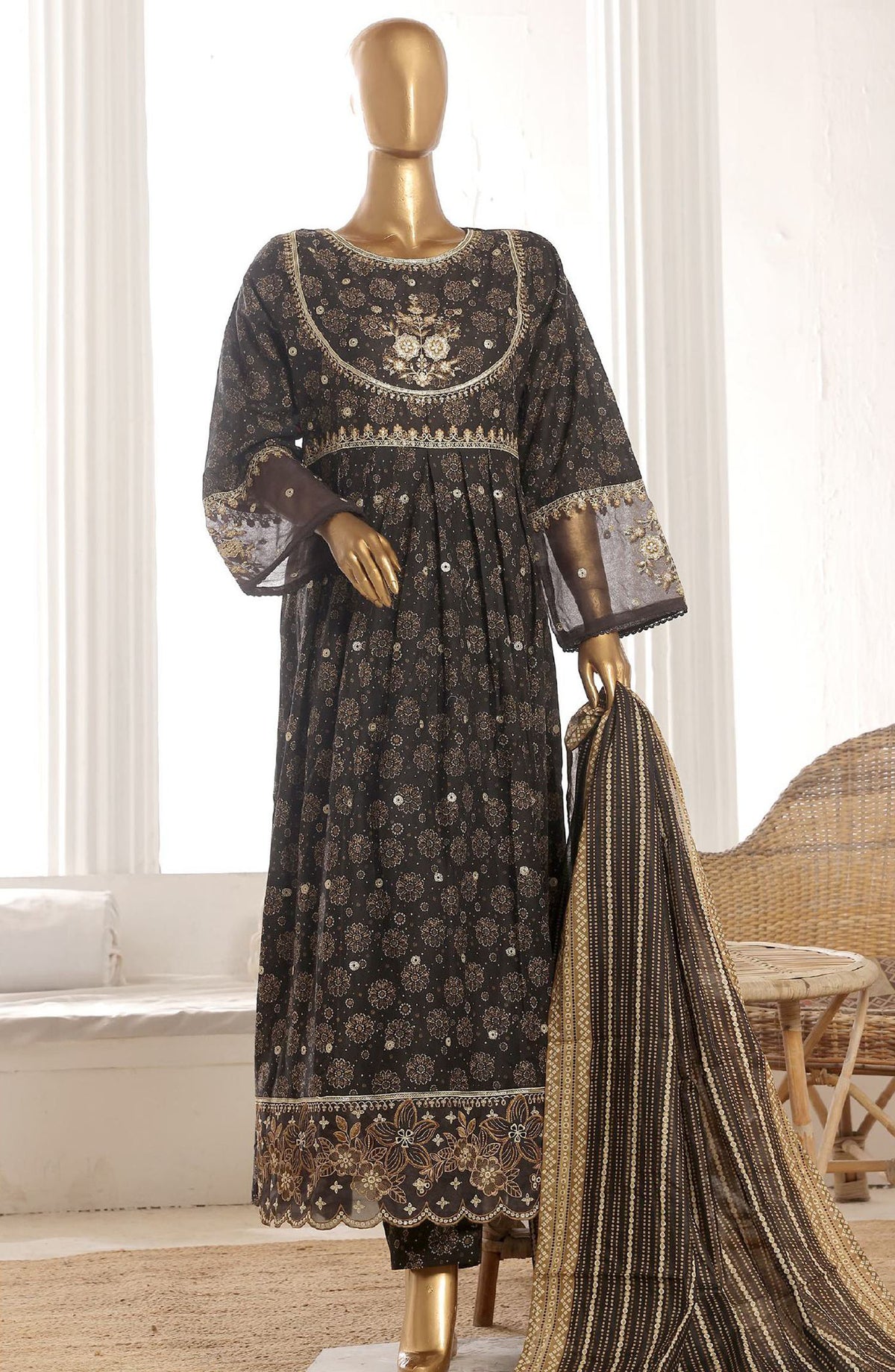 Bin Saeed Embroidered Lawn Stitched 3 Piece Frock - SM-790 - BS25LFV2 - Black - Summer Collection