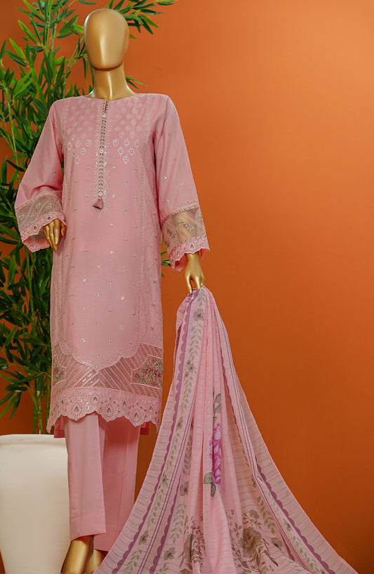 HZ Textile Embroidered Cotton Stitched 3 Piece Suit - SSE-105 Powder Pink - HZ25MUV1 - Pink - Summer Collection