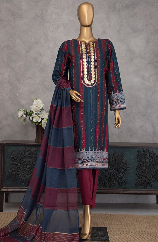 HZ Textile Embroidered Jacquard Unstitched 3 Piece Suit - TJS-1214 - HZ25TJS - Maroon - Casual Collection