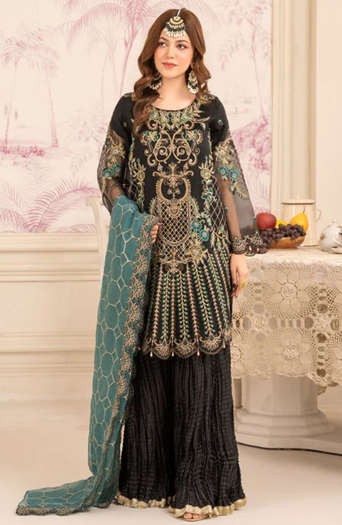 Abrish By Diara Couture Embroidered Organza Stitched 3 Piece Suit - US-419 Mishal - DC25AB - Black - Formal Collection
