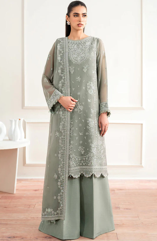 Farasha Luxury Essence Formals Embroidered Chiffon Unstitched 3 Piece Suit - Ash Green - FSH25EF - Green - Festive Collection