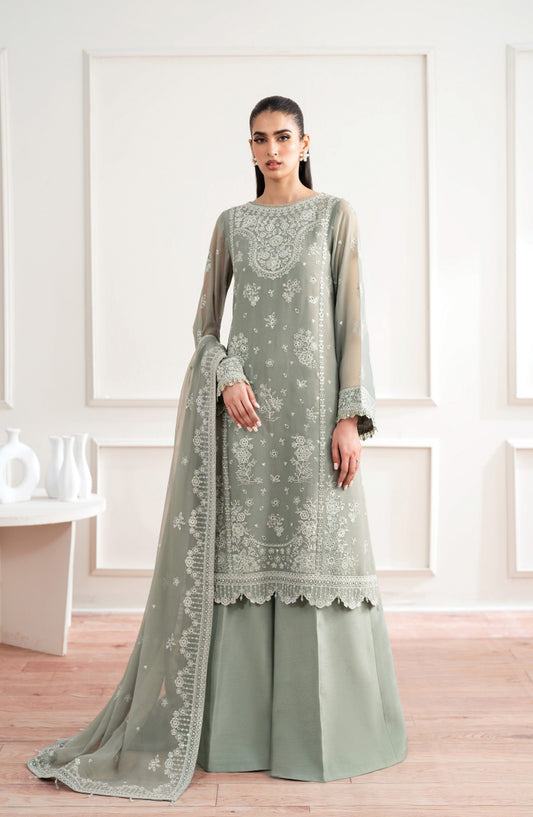 Farasha Luxury Essence Formals Embroidered Chiffon Unstitched 3 Piece Suit - Ash Green - FSH25EF - Green - Festive Collection