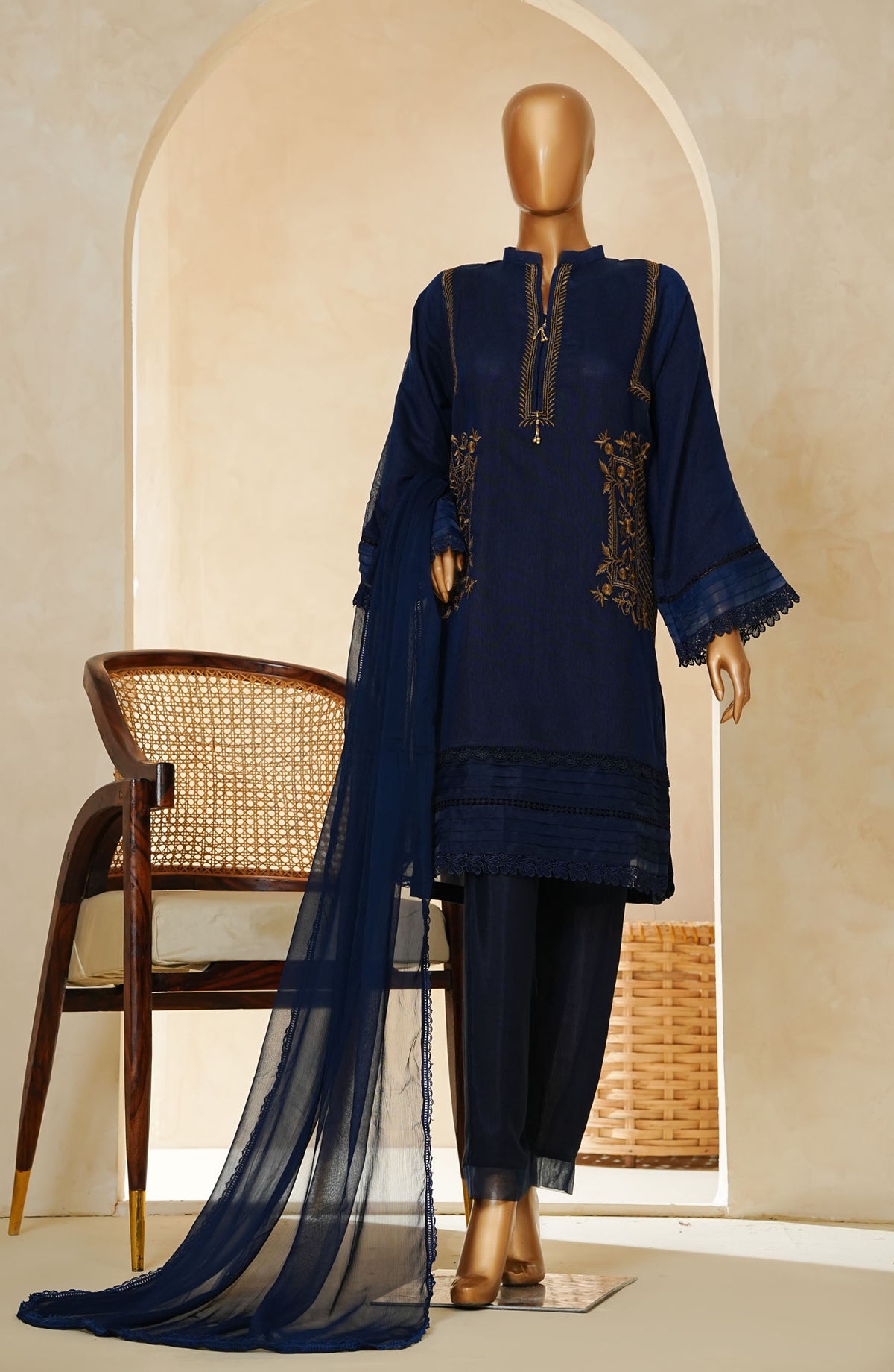 Nyra by Amna Khadija Embroidered Khaddi Net Stitched 3 Piece Suit - AM25NRA - DA BA 08-A - Blue - Festive Collection
