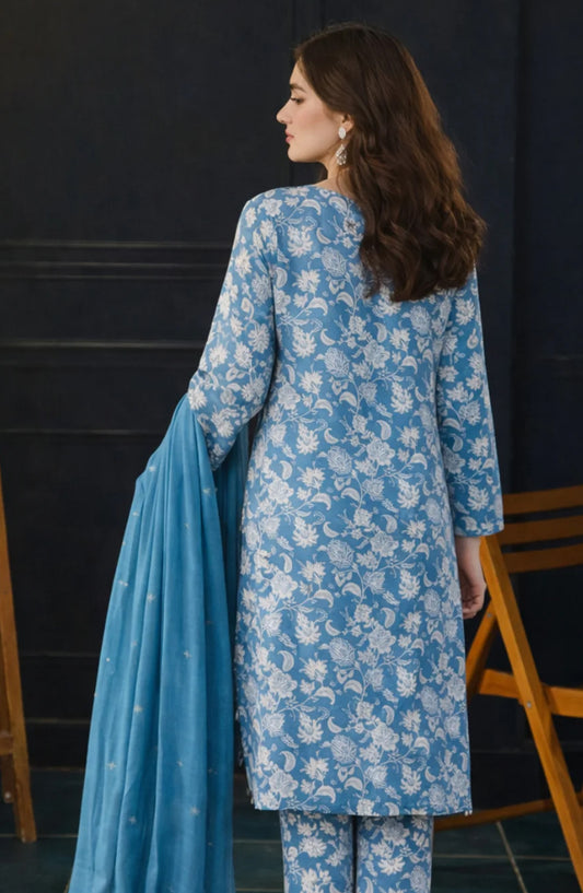 Ayla Printed Lawn Jacquard Stitched 3 Piece Suit - Feroza Gul - AY26ED - Blue - Eid Collection