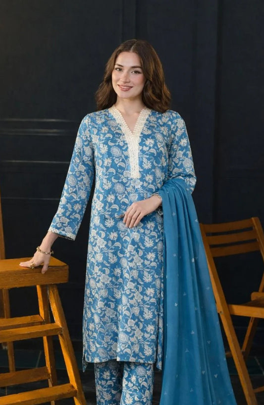 Ayla Printed Lawn Jacquard Stitched 3 Piece Suit - Feroza Gul - AY26ED - Blue - Eid Collection