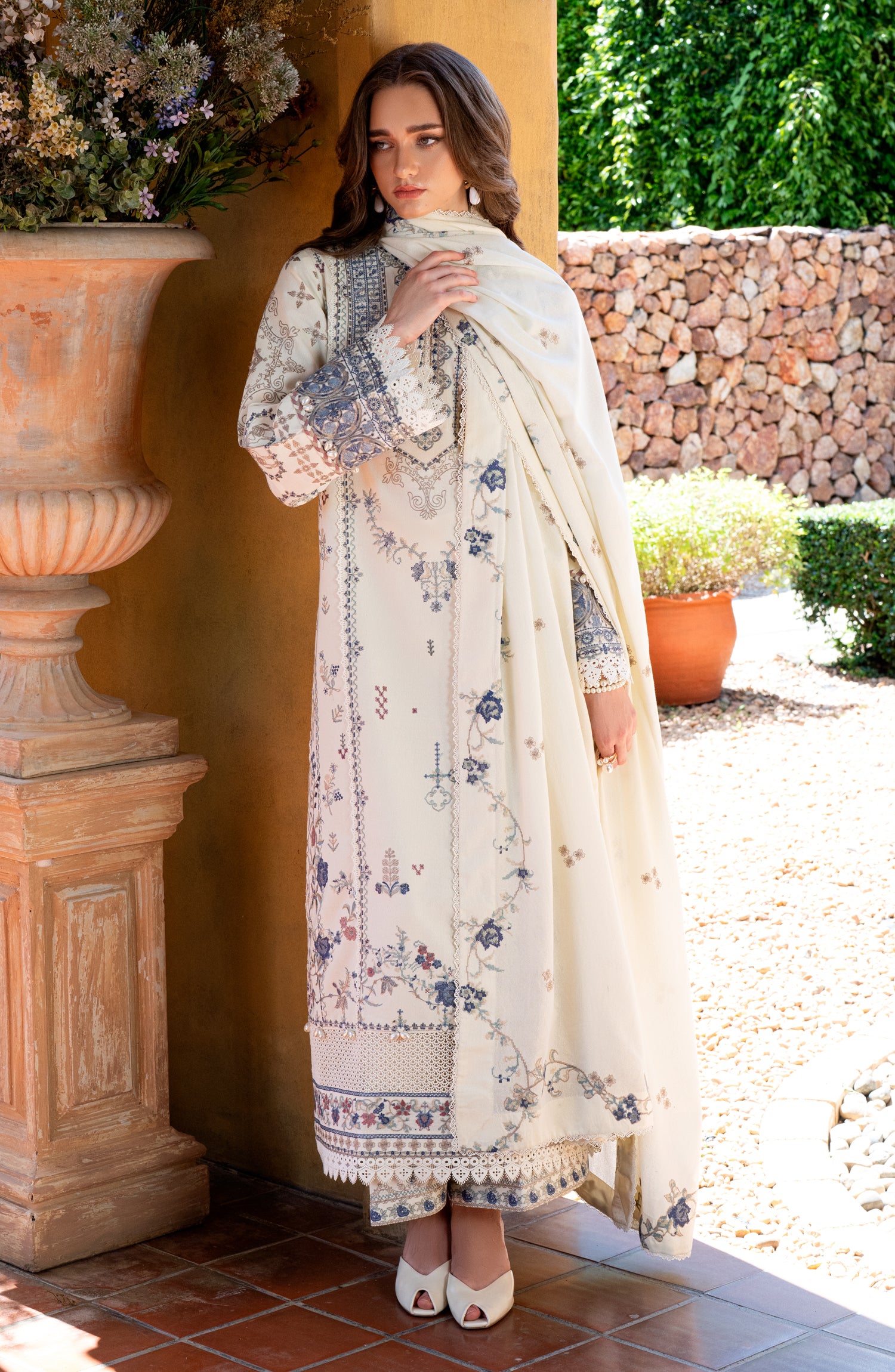 Florent Serenity Embroidered Karandi Unstitched 3 Piece Suit - 07 Aster - FL26SNT - White - Winter Collection