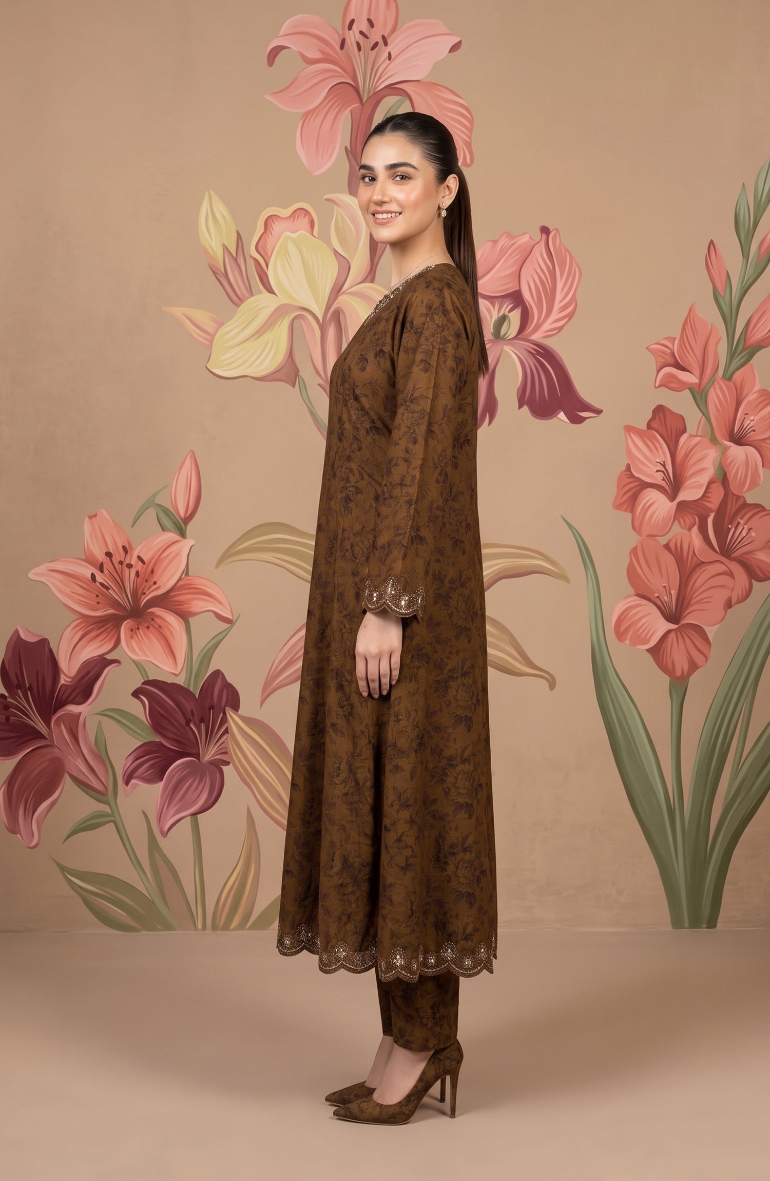 Kashf by Amna Khadija Embroidered Staple Stitched 2 Piece Suit - D-6335 - TF26KF - Brown - Fancy Collection