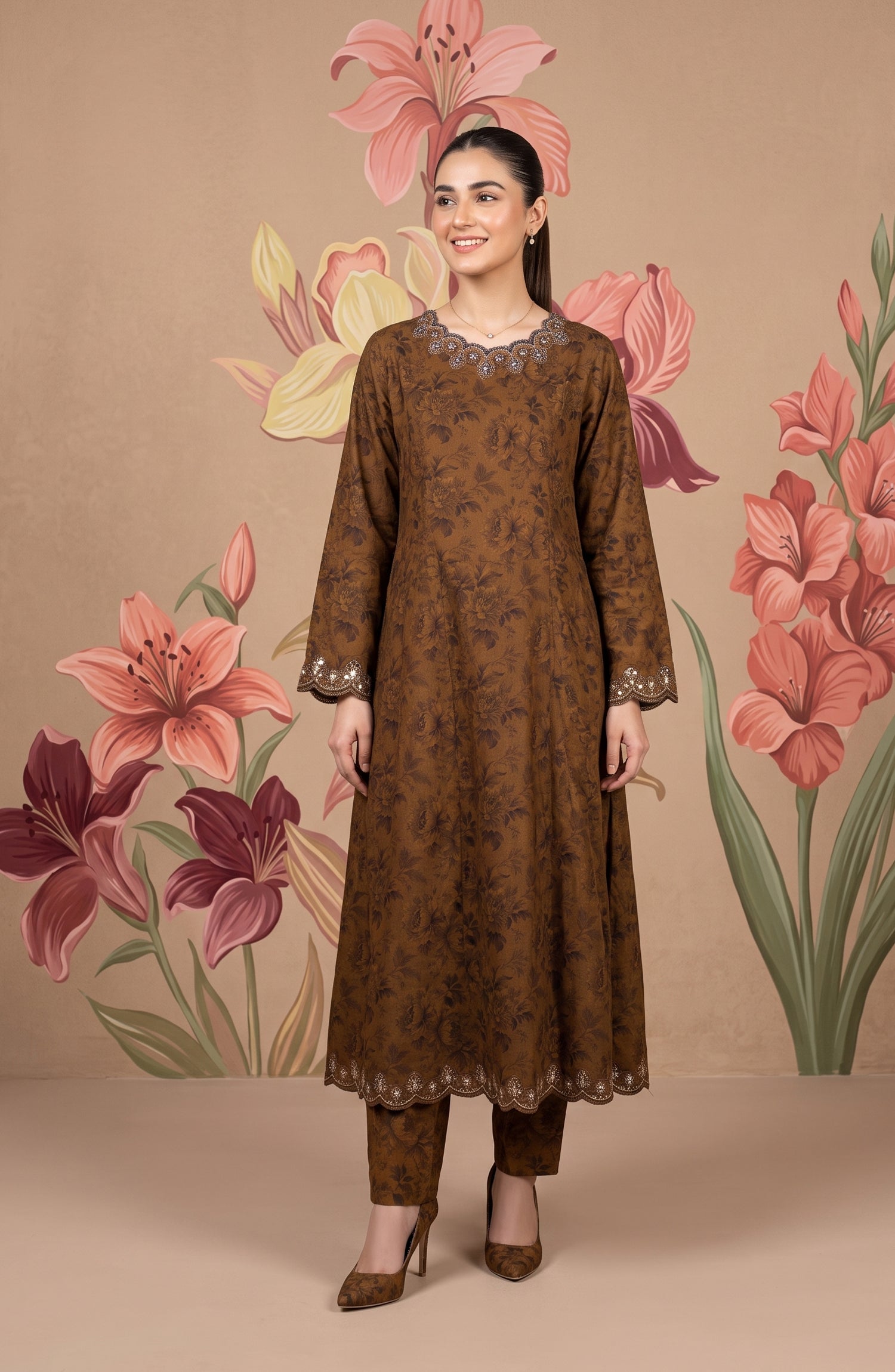 Kashf by Amna Khadija Embroidered Staple Stitched 2 Piece Suit - D-6335 - TF26KF - Brown - Fancy Collection