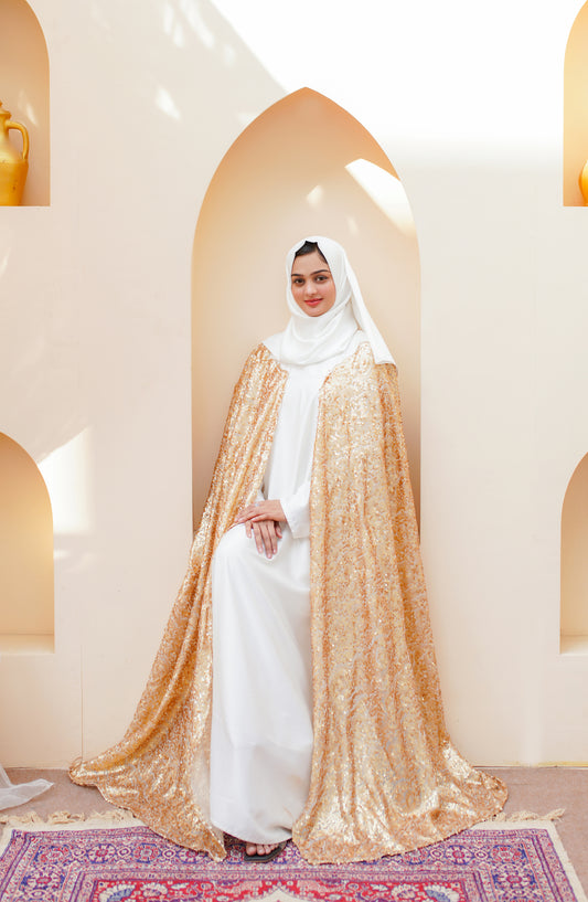 La Khilaba Luxury Wear Printed Net with sequin all over Abaya with attached silk inner - Luxury Sequin Gold Cape - LKH25LWR - Abaya Collection