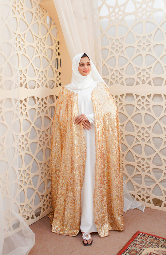 La Khilaba Luxury Wear Printed Net with sequin all over Abaya with attached silk inner - Luxury Sequin Gold Cape - LKH25LWR - Abaya Collection