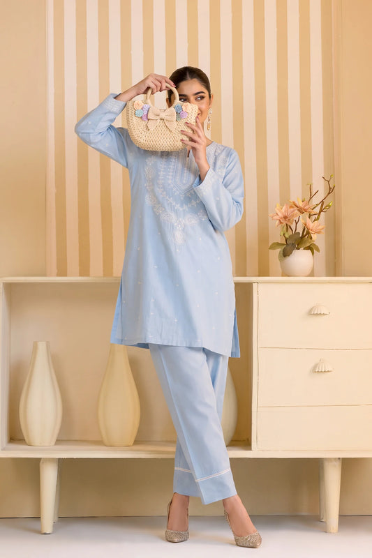 Mulaqaat By Amna Khadija Embroidered Cotton Stitched 2 Piece Co-Ord Set - AKMEC-16 - AM26MULQD3 - Sky Blue - Summer Collection