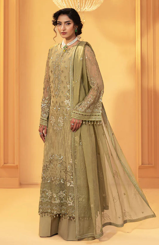 Nikhaar by Lavish Premium Embroidered Chiffon Unstitched 3 Piece Suit - Akaroa - LP25NIK - Golden - Formal Collection