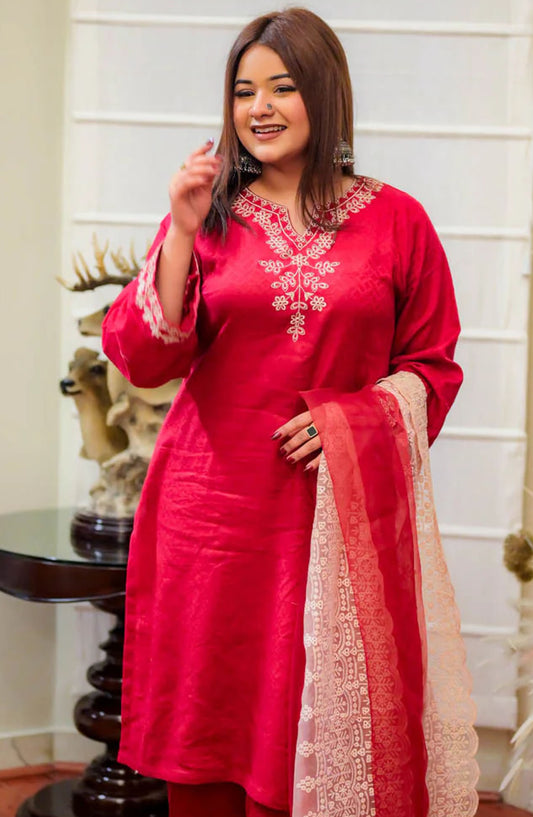 TNG Embroidered Self Jacquard Stitched 3 Piece Suit - AR-001806 Fabiha - TNG25EC - Red - Festive Collection