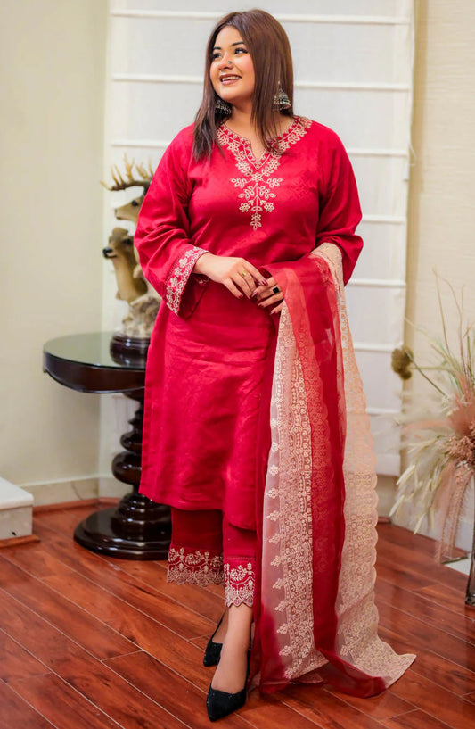 TNG Embroidered Self Jacquard Stitched 3 Piece Suit - AR-001806 Fabiha - TNG25EC - Red - Festive Collection