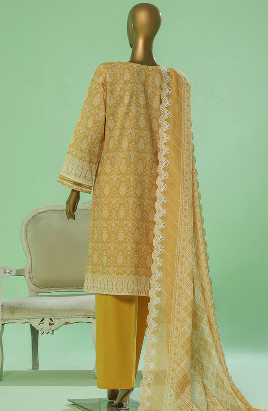 HZ Textile Chikankari Lawn Stitched 3 Piece Suit - PEC-3P-056 Gold Mustard - HZ25PTKV3 - Mustard - Eid Collection