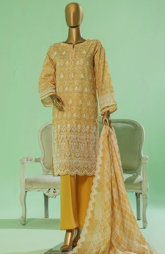 HZ Textile Chikankari Lawn Stitched 3 Piece Suit - PEC-3P-056 Gold Mustard - HZ25PTKV3 - Mustard - Eid Collection