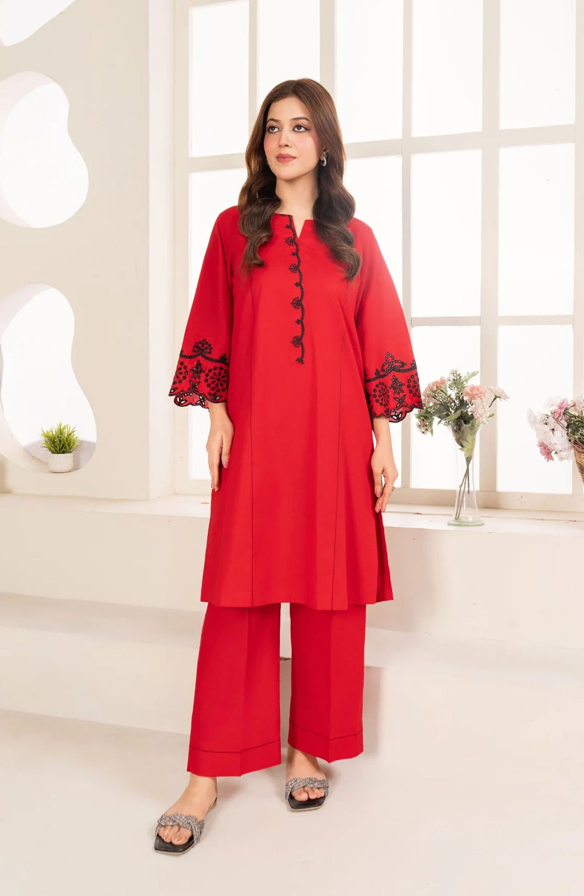 La Rosaa Embroidered Cotton Stitched 2 Piece - Ruby 2Pc - LRS25EE - Red - Eid Collection
