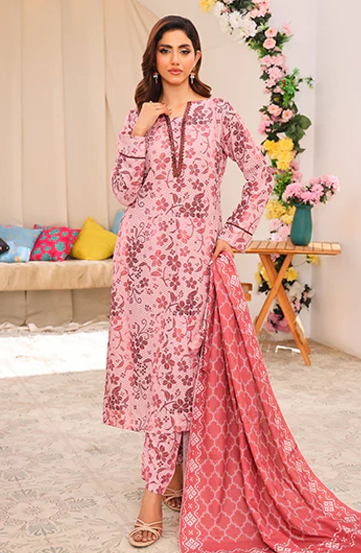 Bloom by Nazmina Printed Lawn Stitched 3 Piece Suit - Serene Splash (LD-49) - NZM25BLV2 - Pink - Summer Collection