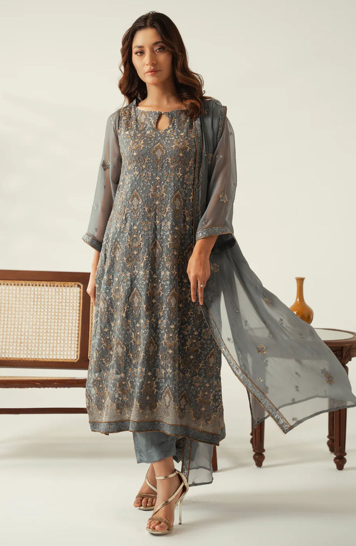 Diva by Zouj Embroidered Chiffon Unstitched 3 Piece Suit - Silver Charm - ZJ25DFL - Grey - Festive Collection