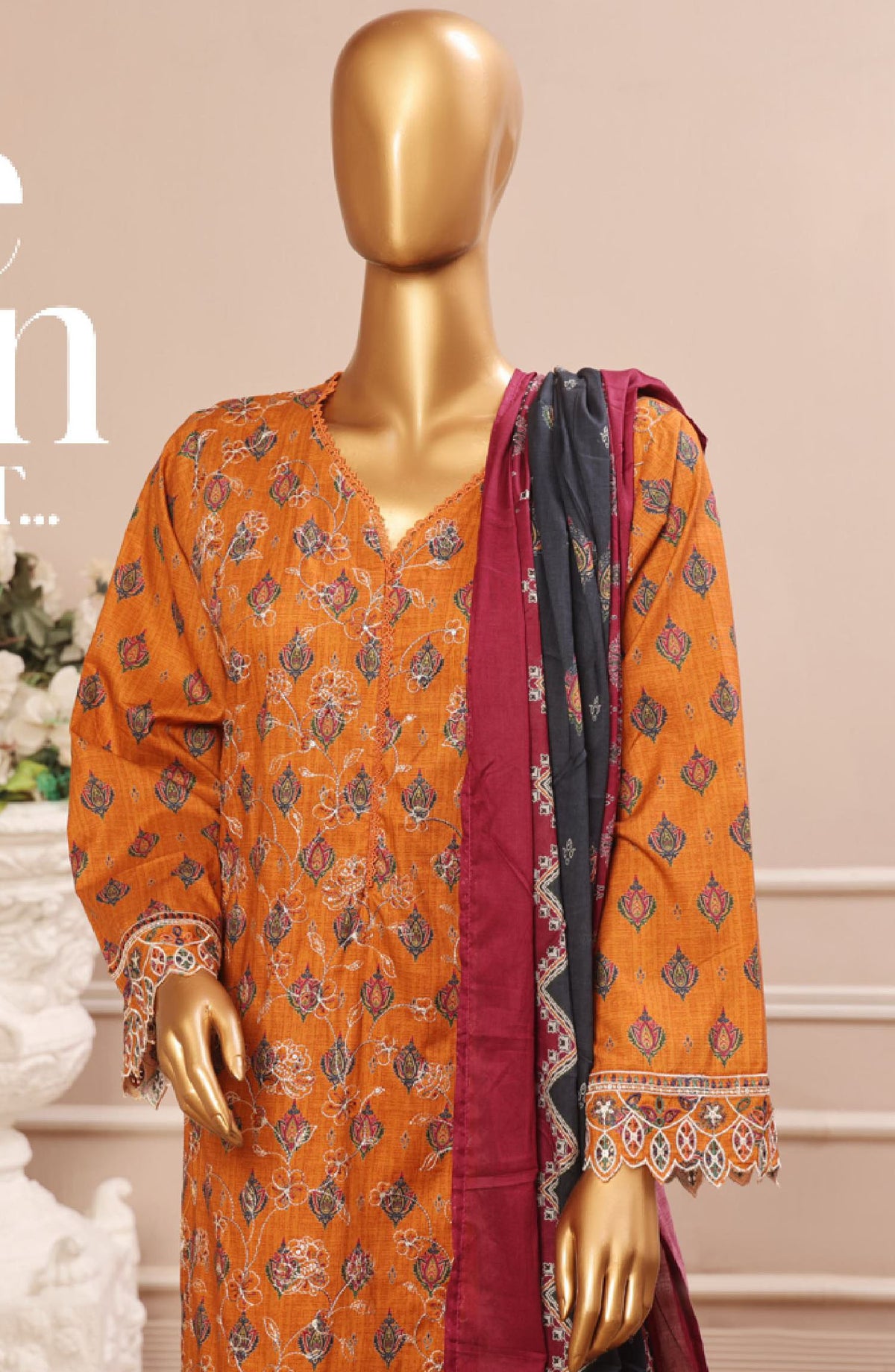 Bin Saeed Embroidered Lawn Stitched 3 Piece Suit - SM-40 - BS25EL3PCV5 - Orange - Summer Collection
