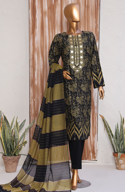 HZ Textile Embroidered Jacquard Unstitched 3 Piece Suit - TJS-1211 - HZ25TJS - Black - Casual Collection