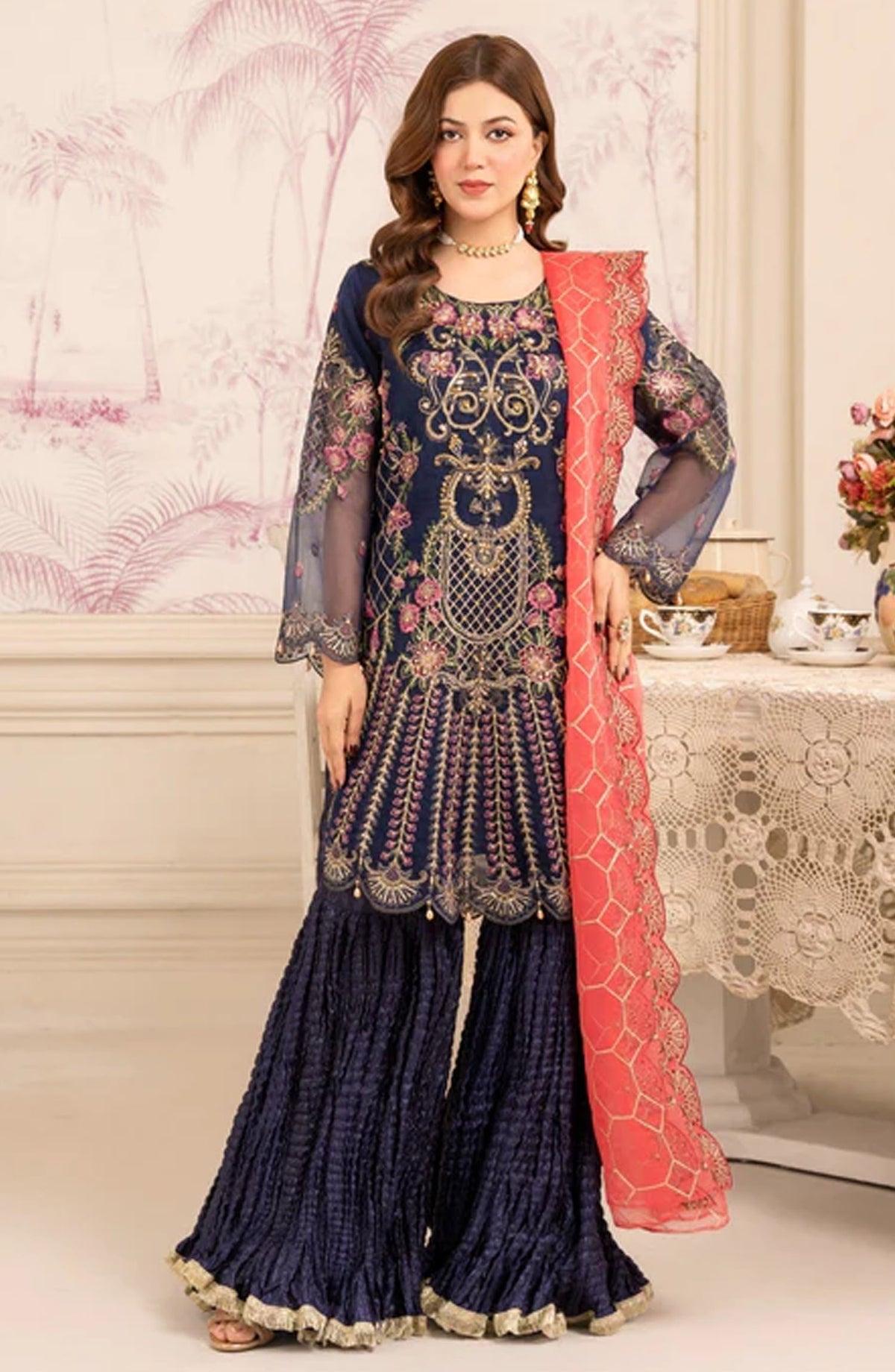 Abrish By Diara Couture Embroidered Organza Stitched 3 Piece Suit - US-419 Mishal - DC25AB - Blue - Formal Collection