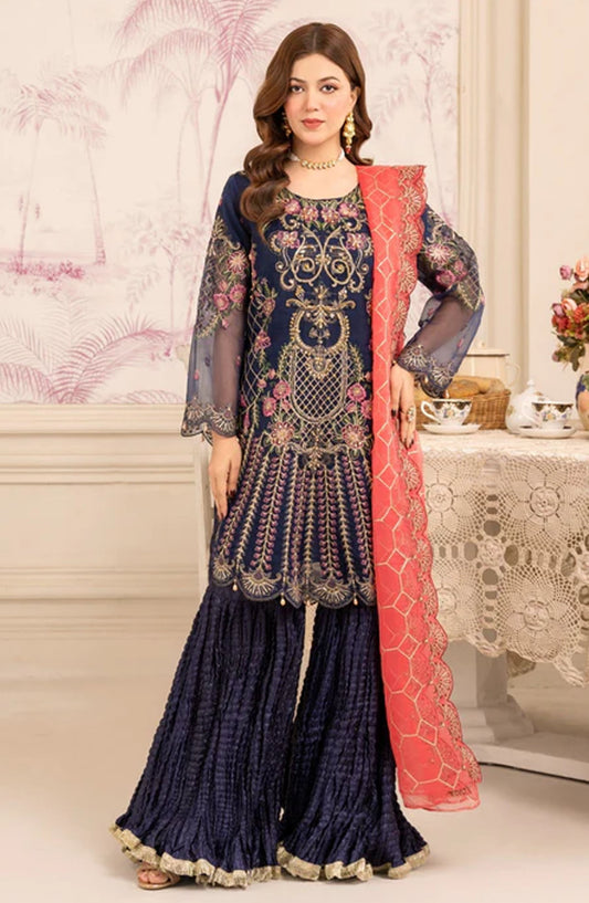 Abrish By Diara Couture Embroidered Organza Stitched 3 Piece Suit - US-419 Mishal - DC25AB - Blue - Formal Collection