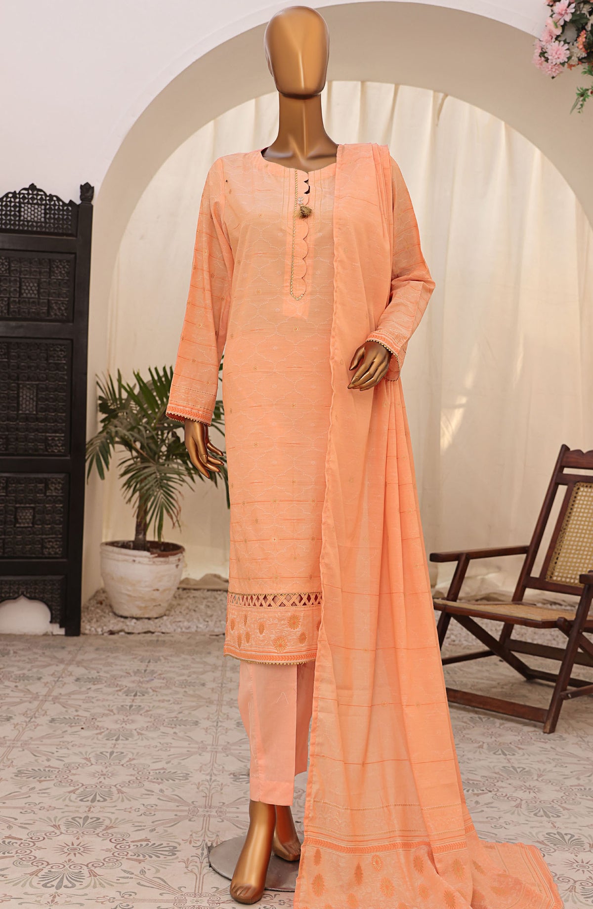 Valencia by HZ Textile Printed Jacquard Unstitched 3 Piece Suit - VJ-03 - HZ25VJ - Peach - Summer Collection