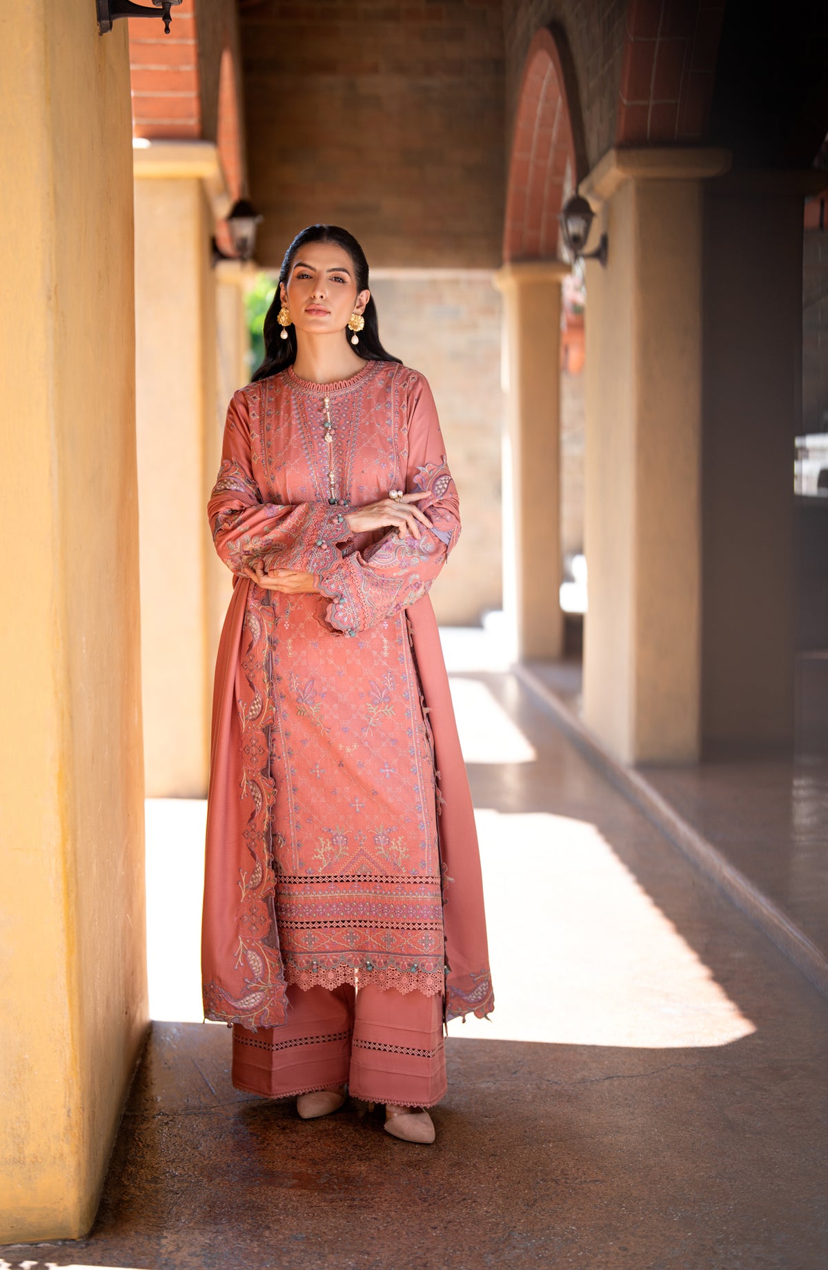 Florent Serenity Embroidered Dobby Unstitched 3 Piece Suit - 08 Lyra - FL26SNT - Pink - Winter Collection