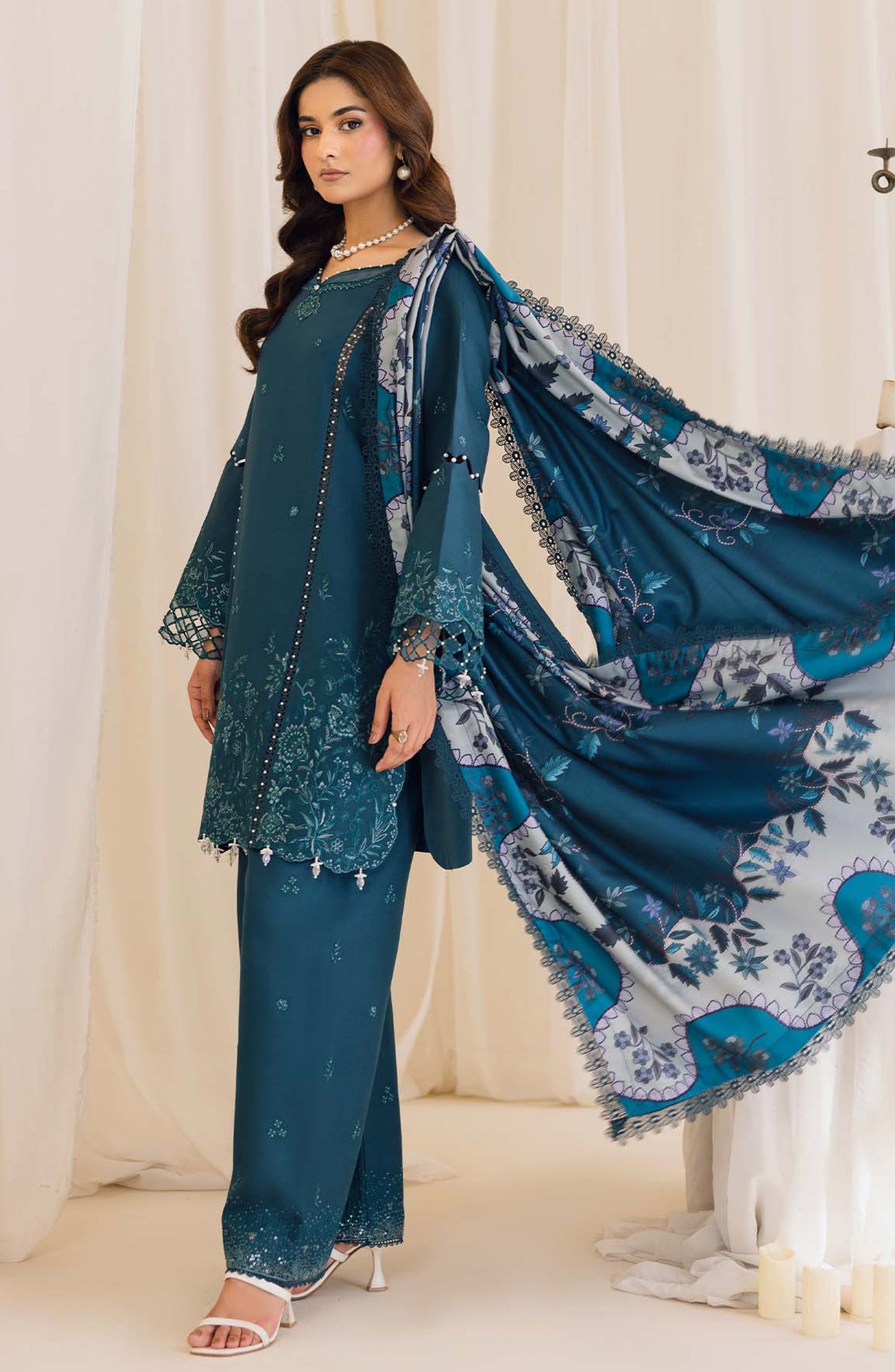 Peridot Embroidered Slub Linen Unstitched 3 Piece Suit - 595-A - PT26WT - Blue - Winter Collection