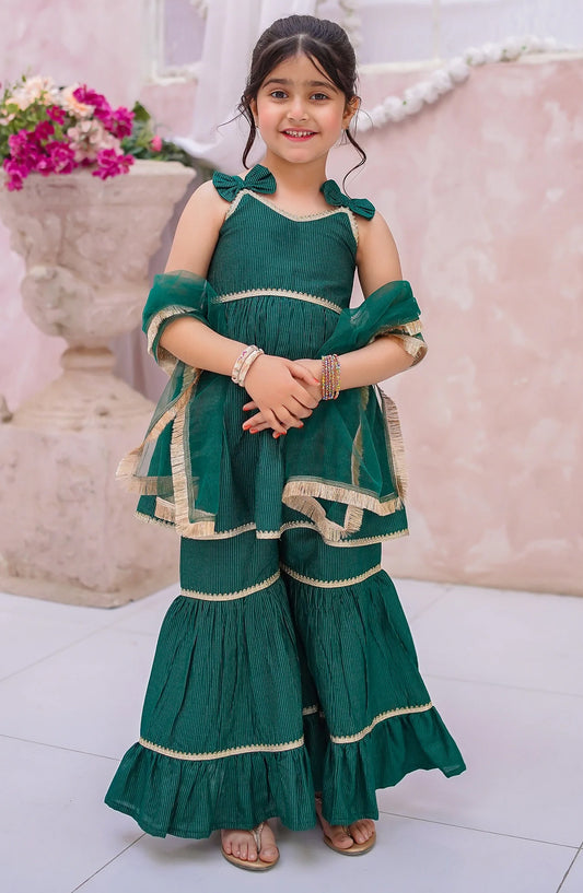 3 Piece Green Embroidered Lawn Gharara - 10890-Grn - MOD26MT - Festive Collection