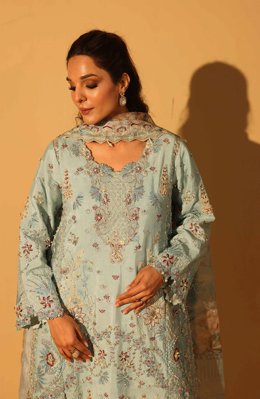 Aylin Luxury Embroidered Raw Silk Unstitched 3 Piece Suit - 08 Blue Mist - AYL26SL - Light Blue - Festive Collection