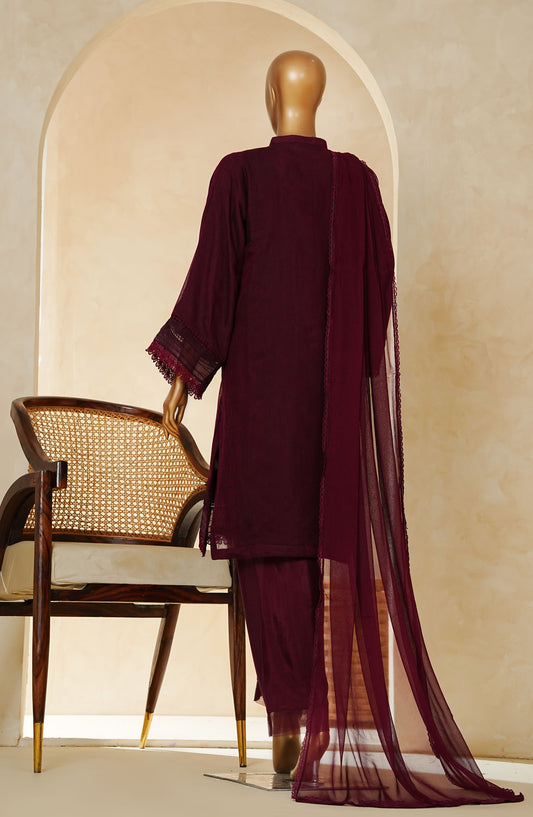 Nyra by Amna Khadija Embroidered Khaddi Net Stitched 3 Piece Suit - AM25NRA - DA BA 08-B - Maroon - Festive Collection