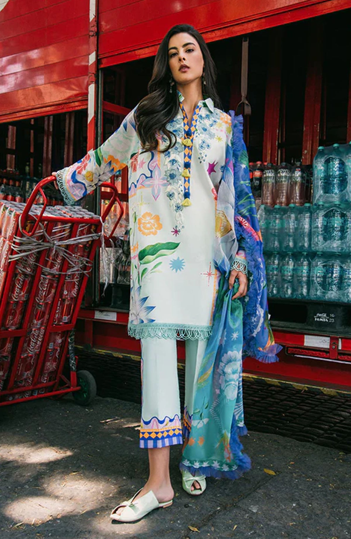 Hemline by Mushq Embroidered Lawn Unstitched 3 Piece Suit - Flaming Roses - MQ25LDHP - White - Summer Collection