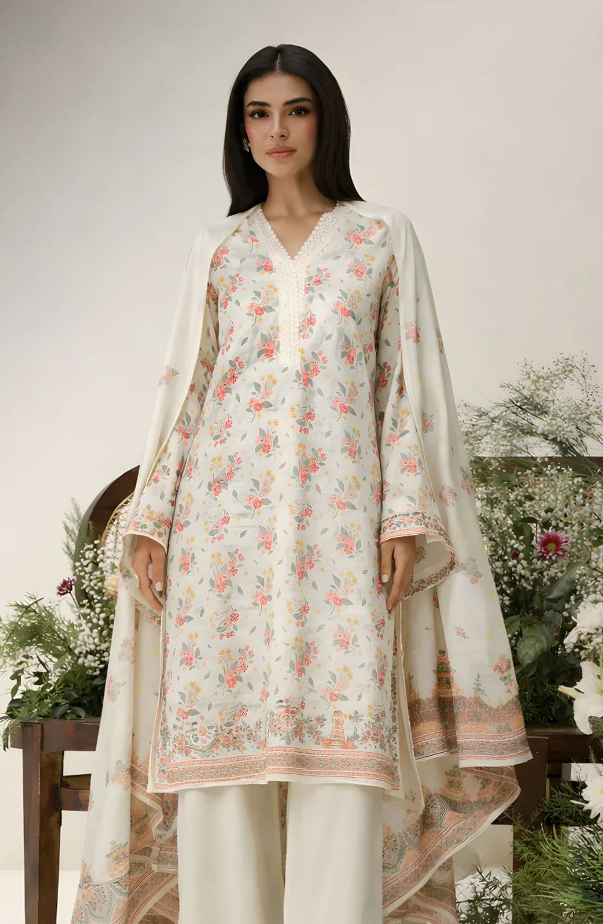 Ayla Printed Lawn Jacquard Stitched 3 Piece Suit - Gul-e-Narma - AY26ED - Cream - Eid Collection
