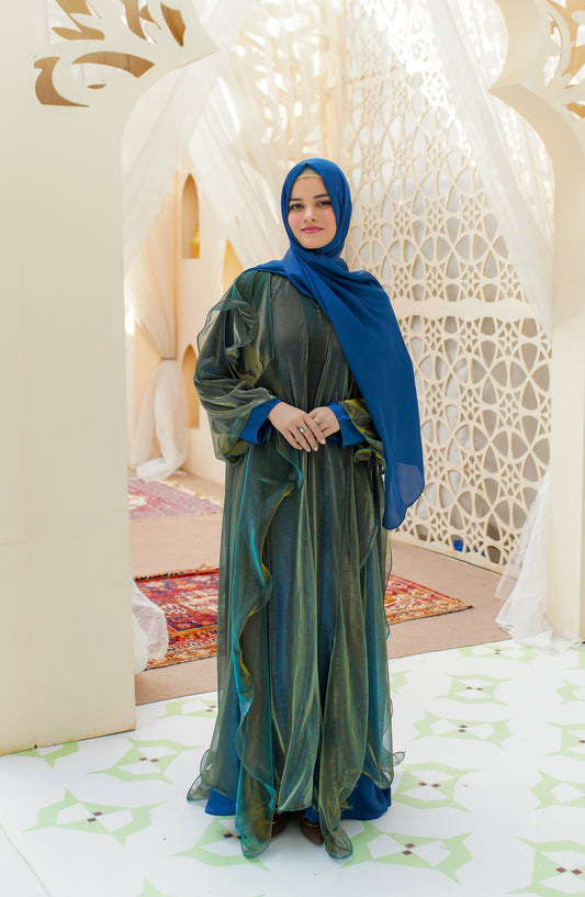 La Khilaba Luxury Wear Printed Polyester Outer Abaya with Silk Inner Dress - Peacock Shine - LKH25LWR - Abaya Collection