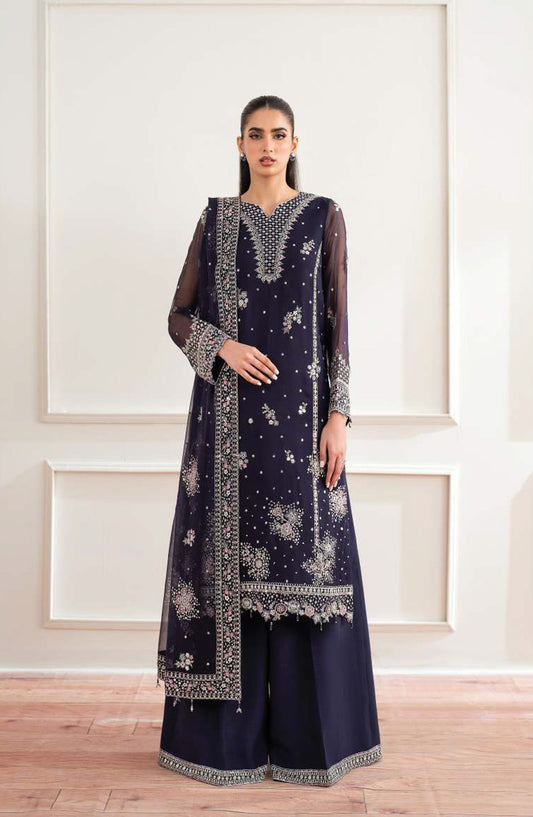 Farasha Luxury Essence Formals Embroidered Chiffon Unstitched 3 Piece Suit - Serene Wave - FSH25EF - Blue - Festive Collection