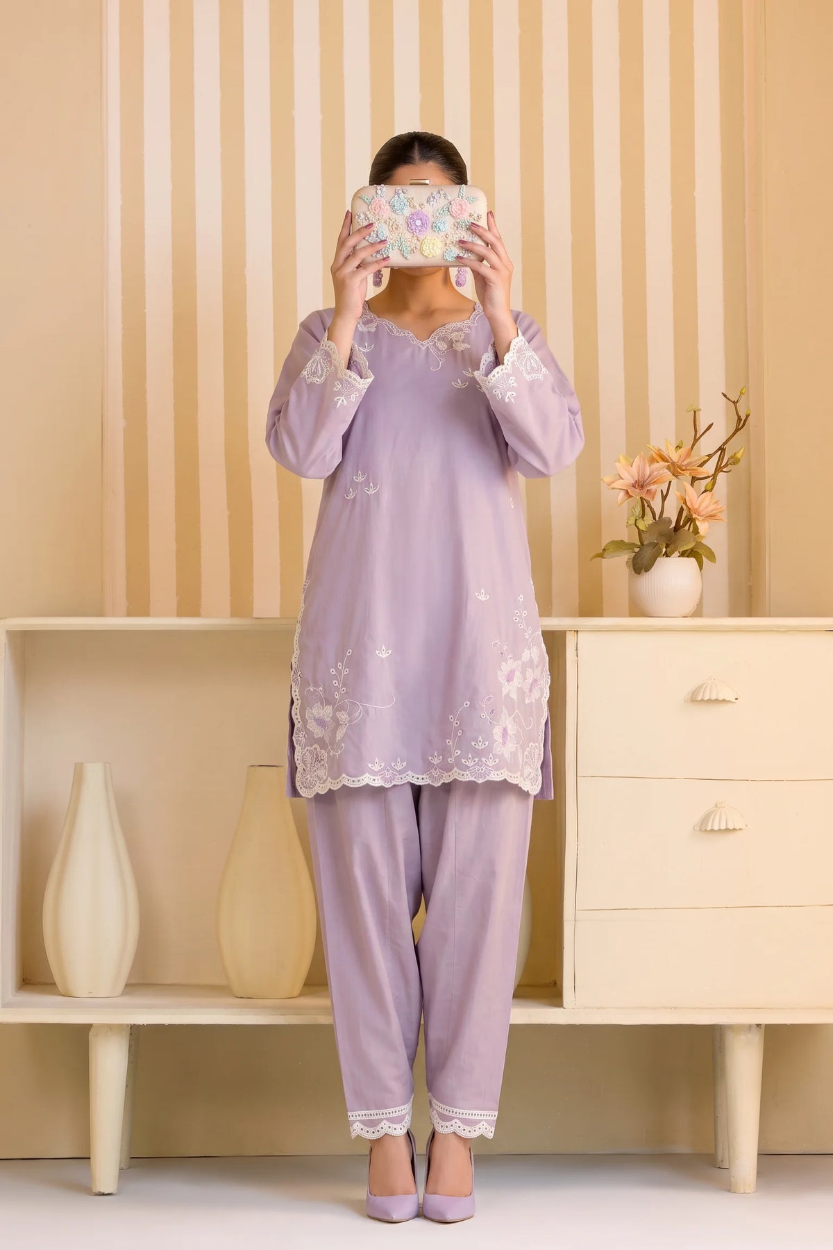Mulaqaat By Amna Khadija Embroidered Cotton Stitched 2 Piece Co-Ord Set - AKMEC-17 - AM26MULQD3 - Light Purple - Summer Collection