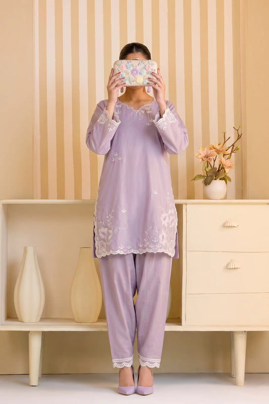 Mulaqaat By Amna Khadija Embroidered Cotton Stitched 2 Piece Co-Ord Set - AKMEC-17 - AM26MULQD3 - Light Purple - Summer Collection